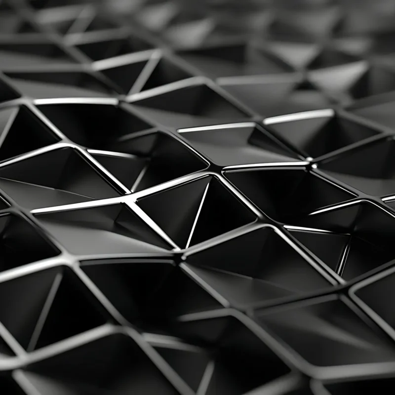 Composición tridimensional de formas geométricas negras y grises sobre fondo claro