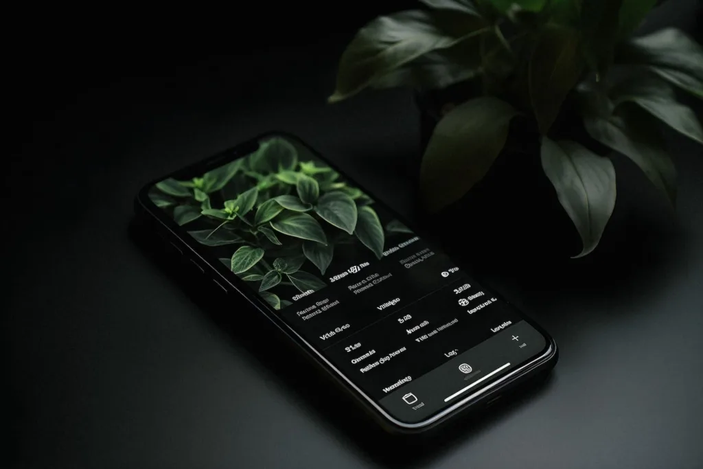 Teléfono con una tarjeta digital junto a una planta