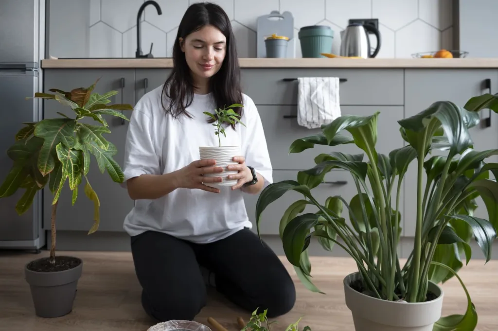 Persona cuidando plantas en casa